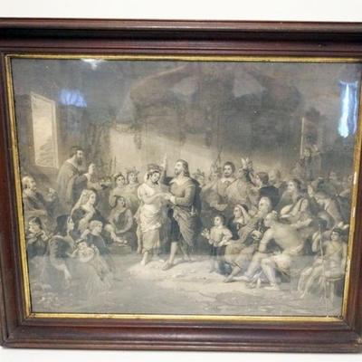 1186	LARGE ANTIQUE ENGRAVING OF COLUMBUS WITH AMERICAN INDIANS IN BACKGROUND, APPROXIMATELY 31 IN X 35 IN
