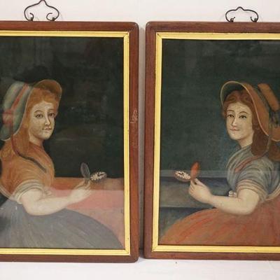 1019	PAIR OF FOLK ART REVERSED PAINTED GLASS PAINTINGS OF YOUNG GIRLS HOLDING POCKET WATCHES, APPROXIMATEL 16 1/2 IN X 22 IN EACH OVERALL
