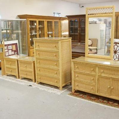 1098	RATTAN BEDROOM SET 5 PIECES INCLUDING LOW & CHIGH CHESTS, 2 NIGHT STANDS, & FULL SIZE HEADBOARD
