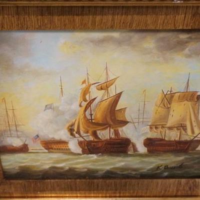 1187	CONTEMPORARY PAINTING OF SHIPS IN GILT FRAME, APPROXIMATELY 16 IN X 18 IN OVERALL
