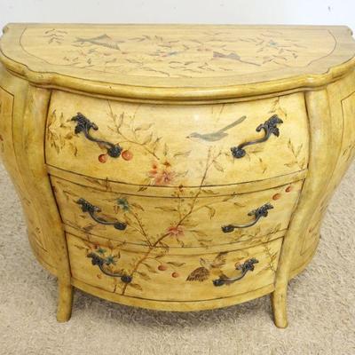 1091	PAINT DECORATED BOMBE 3 DRAWER CHEST W/BIRDS & FLOWERS, APPROXIMATELY 54 IN X 24 IN X 38 IN HIGH

