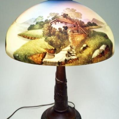 1138	ANTIQUE TABLE LAMP W/REVERSE PAINTED SHADE, APPROXIMATELY 25 IN HIGH
