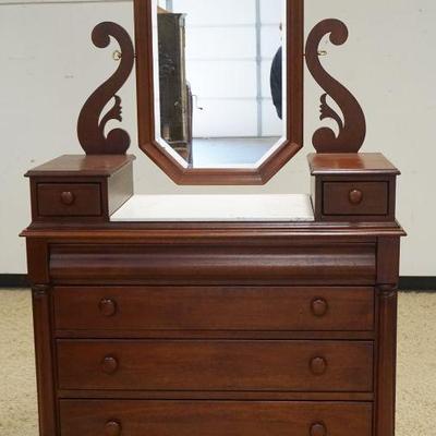 1119	LEXINGTON MAHOGANY 6 DRAWER CHEST W/MIRROR & DROP CENTER MARBLE TOP, APPROXIMATELY 44 IN X 19 IN X 75 IN HIGH
