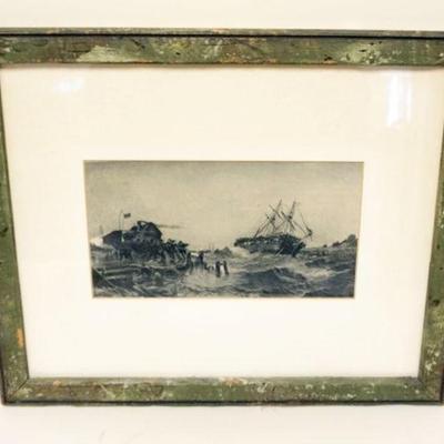 1180	FRAMED PRINT OF SHIP IN STORM WITH MEN AT PIER TRYING TO RESCUE, APPROXIMATELY 23 IN X 19 IN OVERALL
