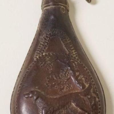 1149	ANTIQUE LEATHER POWDER FLASK, APPROXIMATELY 8 IN
