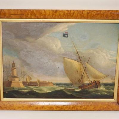 1013	ANTIQUE OIL PAINTING OF LIGHTHOUSE & SHIPS AT SEA IN BIRDSEYE MAPLE FRAME, APPROXIMATELY 14 1/2 IN X 19 1/2 IN OVERALL
