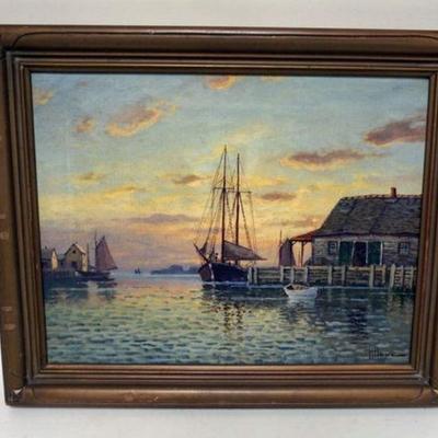1146	OIL PAINTING ON CANVAS SHIPS AT HARBOR SIGNED HARRY H HOWE 1886-1968 MAINE ARTIST, APPROXIMATELY 22 IN X 18 IN OVERALL
