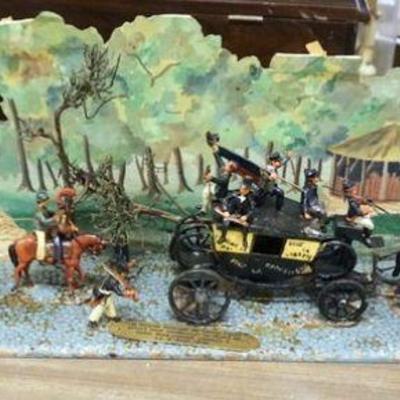 1169	3 LARGE HAND MADE AND PAINTED DIORAMAS, DEPICTING BATTLES AND COACH SCENE, LARGEST APPROXIMATELY 9 IN X 38 IN X 9 IN H, ALL HAVE...