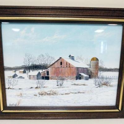 1173	SIGNED WATERCOLOR OF BARN IN WINTER, SIGNED LOWER LEFT, APPROXIMATELY 16 IN X 20 IN OVERALL
