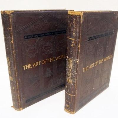 1163	LARGE LEATHER BOUND COLUMBIAN EXPOSITION VOL I & II *THE ART OF THE WORLD* BOOKS, BLACK AND WHITE WITH COLOR ILLUSTRATIONS. GILT...