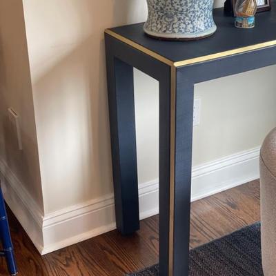 Villa & House Lauren Navy Blue Console Table featuring lacquered gold trim