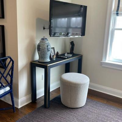 Villa & House Lauren Navy Blue Console Table featuring lacquered gold trim