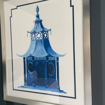 Art:  Chelsea House Chinese Pagoda I. Contemporary Silver Leaf Frame with Decorative Double mat.  36.3" H x 29.8 W x .8" D