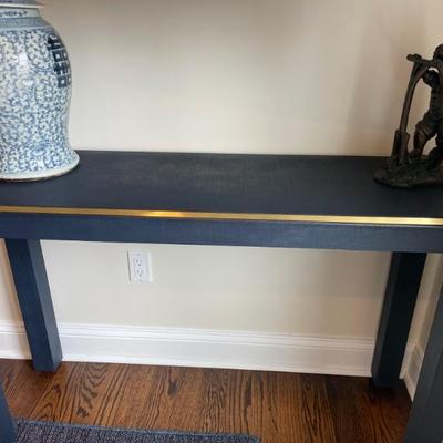 Villa & House Lauren Navy Blue Console Table featuring lacquered gold trim
