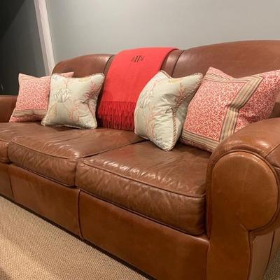 Pottery Barn Manhattan Caramel Brown Leather Couch 86" L x 40" D x 35" H