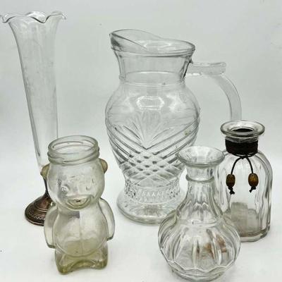 (4) Glass Vases Including Sterling Silver & Pressed Glass Pineapple Pitcher
