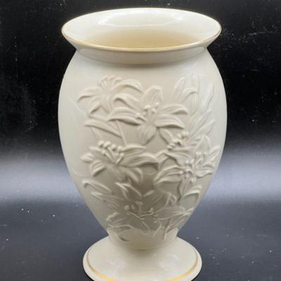 (2) Gold Trim Lenox: Floral Relief Vase & Christmas Dish
