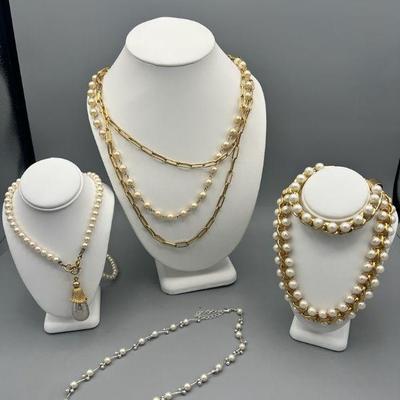 (4) Faux Pearl Necklaces & Bracelet
