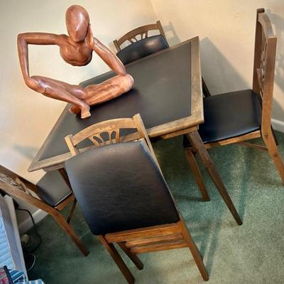 Set of folding card table w/ leather top and four folding chairs