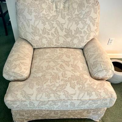 Tan and white coastal-style floral armchair (sofa, armchair, and two chairs are all recently upholstered in coordinating fabric, and in...