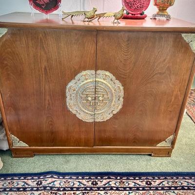 Custom-made in Japan late 40s/early 50s buffet with brass trim and four flatware drawers. Brass lock