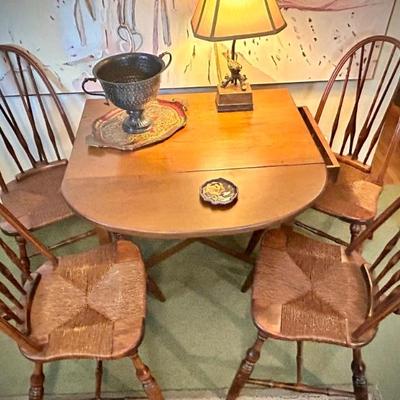Vintage table and rush chairs (five available)