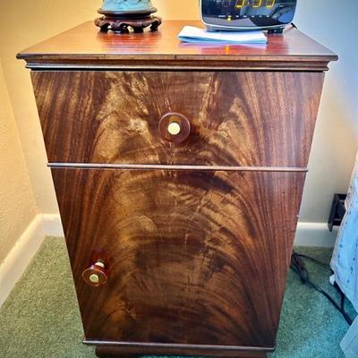 Antique flame mahogany (?) dresser and bedside stand