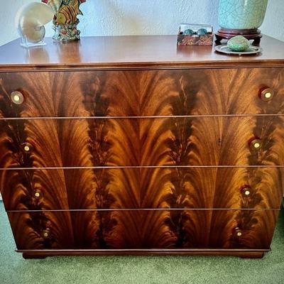 Antique flame mahogany (?) dresser and bedside stand