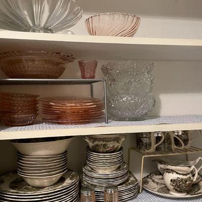Bottom shelf. Johnson Brothers 1950's England "The Friendly Village" 51 pieces.

