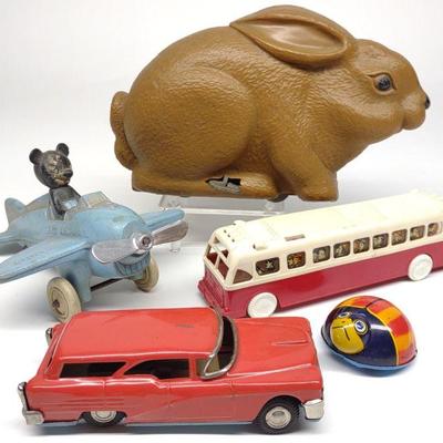 5 Vintage 1940s-50s Windup & Friction Toys