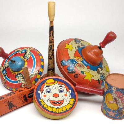 6 Tin Litho Noise Makers & Tops