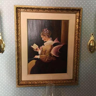 Signed Painting & 2 Brass Wall Candelabras