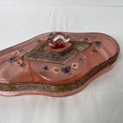 Vintage Pink Depression Glass Dresser Dish with Painted Designs