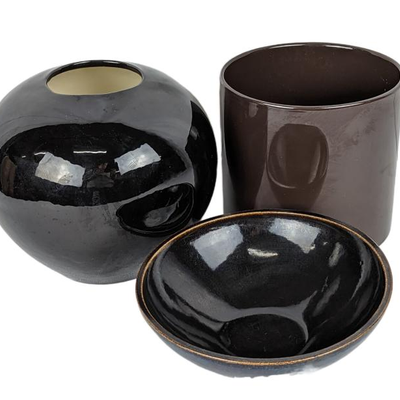 Haeger Orb Vase, Black Planter, and Red Wing Town & Country Bowl Designed by Eva Zeisel