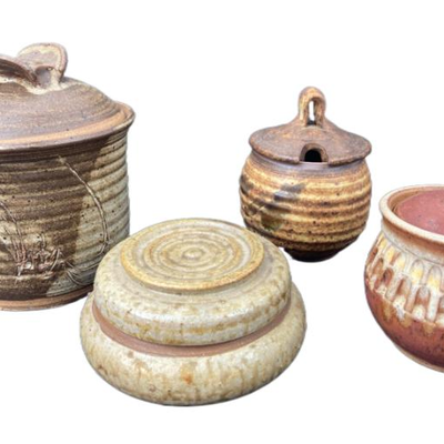 Four Hand Made Covered Ceramic Containers