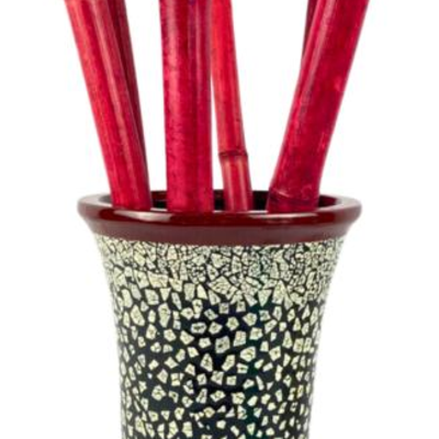 Tall Black, White & Red Vase/ Planter with Red Bamboo Decor