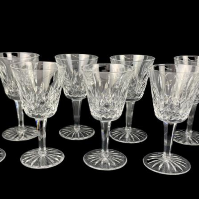 8 WATERFORD LISMORE 6 Oz Claret Wine Glasses and Crystal Bud Vase