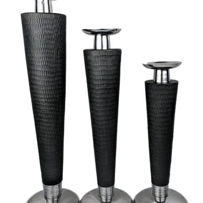Set of Three Silver and Dark Gray Tall Candle Holders, Made in India