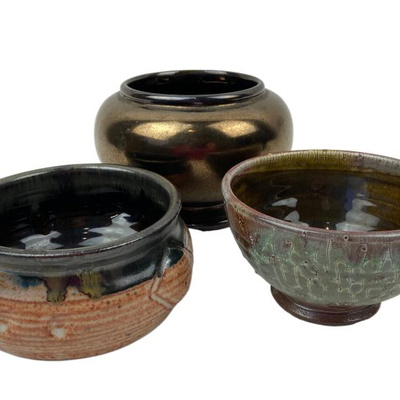 3 Pottery Bowls, 2 Signed - TMA, Paul Morris / Rockhard Stoneware, Haeger Bronzed
