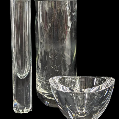 Pair of Art Glass Vases and Orrefors Sweden Crystal Bowl