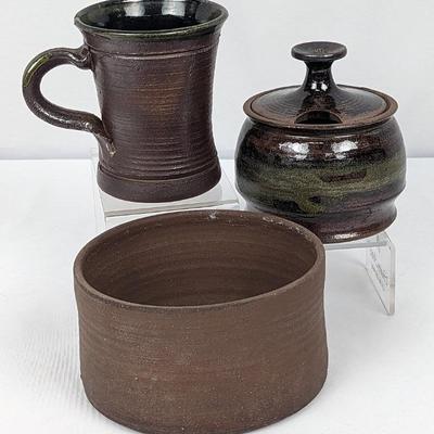 James Loso Lidded Bowl & 2 Studio Pottery Vessels - All Deep Brown