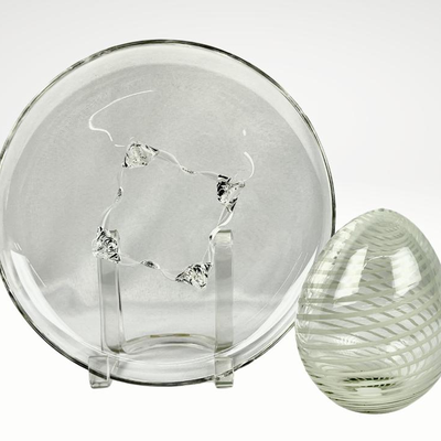 Signed Steuben Glass Platter & Vintage Blown Glass Egg Paperweight/ Lamp