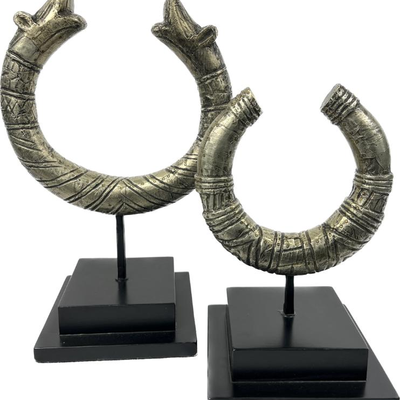 Pair Decorative Statues in the Style of African Currency- Baobab Wood, Aluminum & Copper