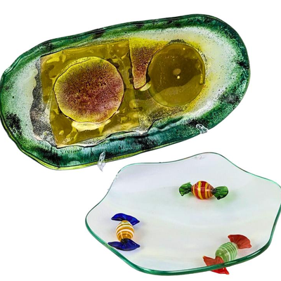 Art Glass Oval Dish, Venetian Candy-Footed Dish
