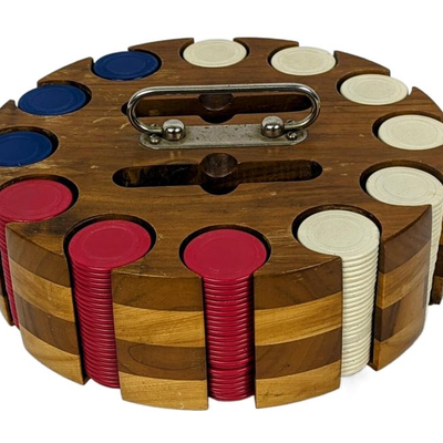 Vintage Poker Chip Set in Wood Carousel Caddy