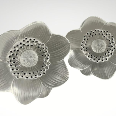 Pair Signed Lalique Frosted Crystal Anemone Paperweights- Made in France