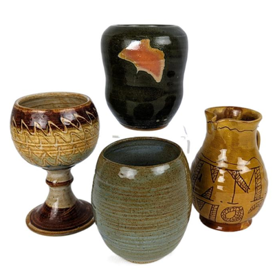 Studio Pottery - Signed Cups, Williamsburg Restoration Pitcher, John Coiner Goblet