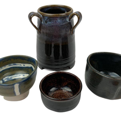 Signed Stoneware Three-Handled Vase and 3 Small Bowls