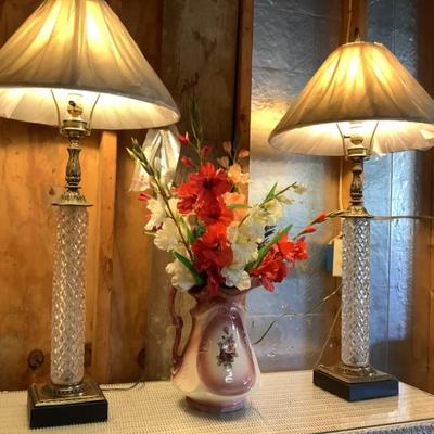 $48 pair of lamps, glass & metal 40â€H 7â€x7â€ base