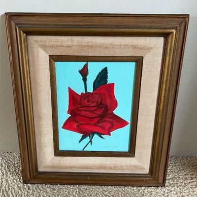 CTD058 Framed Linen Matted Rose Painting Signed By Artist